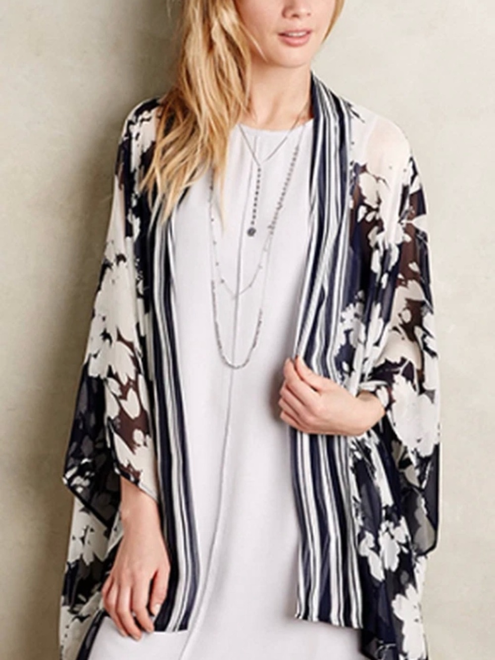 Anthropologie Elevenses Palolem Silk Floral Sheer Kimono 100% Silk Navy White